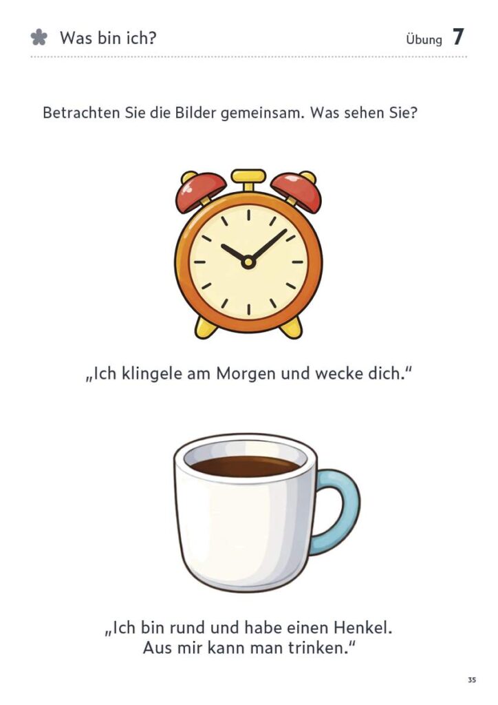 Übungsseite aus dem digitalen HannaCare Pro Modul ‚Ein guter Morgen‘ mit einer Bild-Text-Aufgabe zu Alltagsgegenständen.