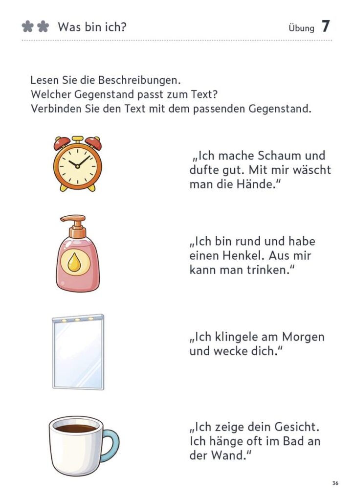 Übungsseite aus dem digitalen HannaCare Pro Modul ‚Ein guter Morgen‘ mit einer Zuordnungsaufgabe zu Bildern und Beschreibungen von Alltagsgegenständen.