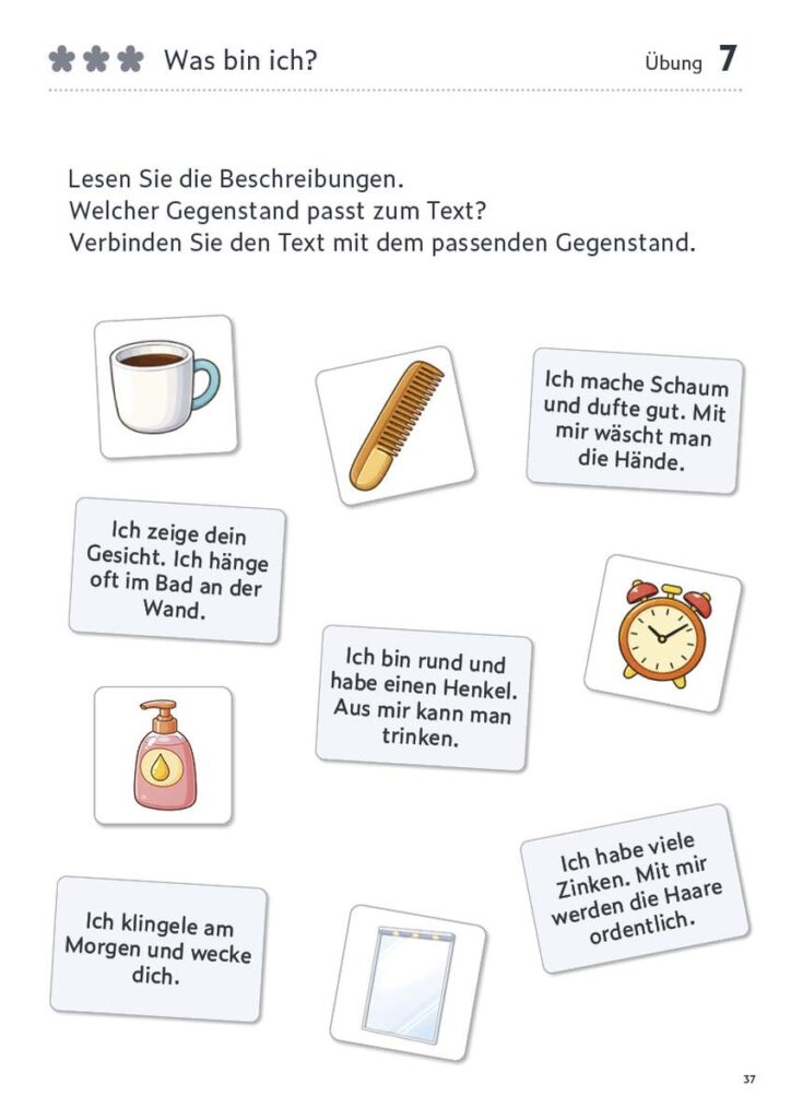 Übungsseite aus dem digitalen HannaCare Pro Modul ‚Ein guter Morgen‘ mit einer Zuordnungsaufgabe zu Bildern und Beschreibungskarten von Alltagsgegenständen.