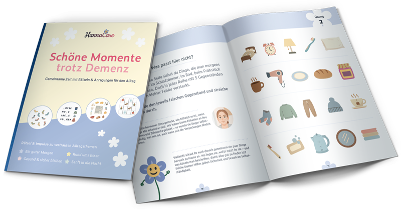 HannaCare Beschäftigungsheft als Mockup Mockup des HannaCare Beschäftigungshefts mit Cover und geöffneter Innenseite.