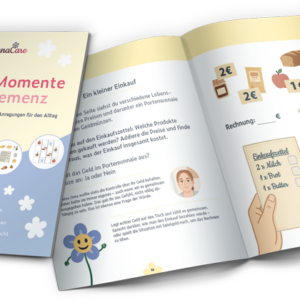 Mockup des HannaCare Beschäftigungshefts mit Bilderrätsel auf der Innenseite.