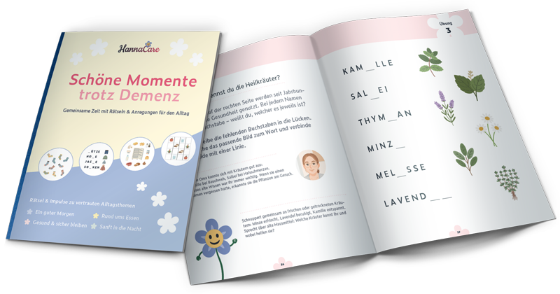 HannaCare Heft Mockup mit Wort-Rätselseite Mockup des HannaCare Beschäftigungshefts mit Übungsseite und Worträtsel.