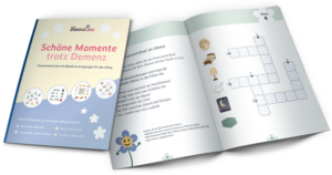 Mockup des HannaCare Beschäftigungshefts mit Kreuzworträtsel auf der Innenseite.
