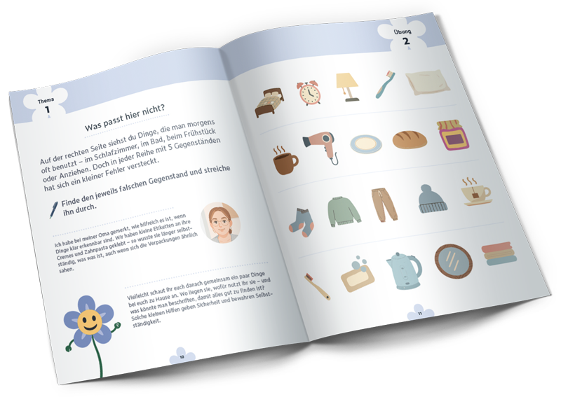 Innenseite des HannaCare Beschäftigungshefts Geöffnete Innenseite des HannaCare Beschäftigungshefts mit einem Bilderrätsel zu Alltagsgegenständen.