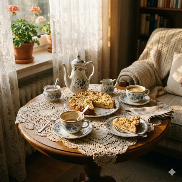 Kaffee und Kuchen als festes Ritual im Alltag mit Demenz Gedeckter Kaffeetisch mit Streuselkuchen und Zwiebelmuster-Geschirr – gemeinsames Kaffeetrinken als Ritual im Alltag mit Demenz