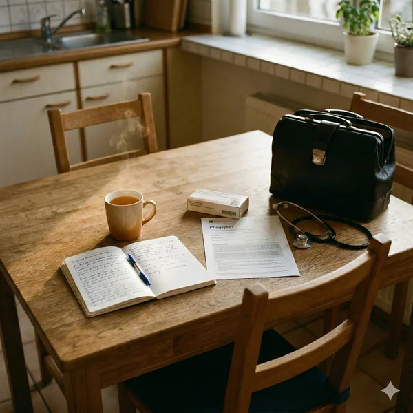 Palliativpflege bei Demenz – der Game-Changer am Küchentisch Küchentisch mit Notizbuch, Tee, Pflegeplan und Arzttasche – wenn die Palliativpflege nach Hause kommt