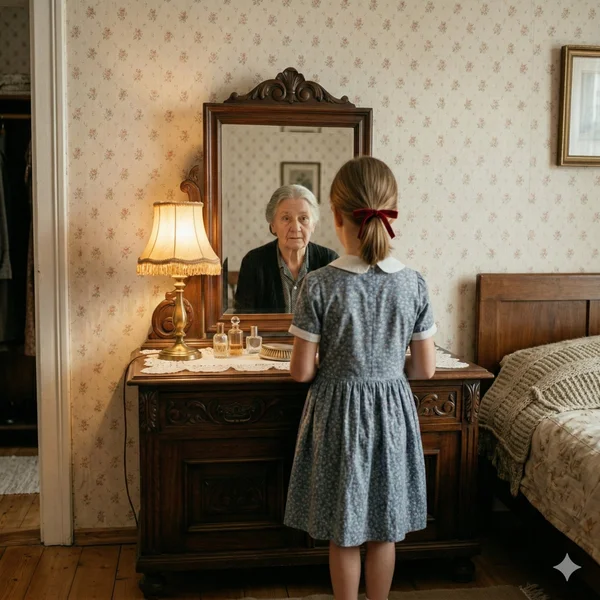 So alt sehe ich aus? – Wenn bei Demenz Innen und Außen nicht mehr zusammenpassen unges Mädchen steht vor einem Spiegel und sieht eine alte Frau als Spiegelbild – wenn Menschen mit Demenz sich innerlich als Kind fühlen