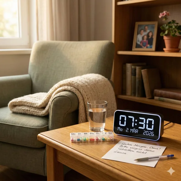 Alltag mit Demenz zu Hause organisieren mit Digitaluhr und Medikamentenbox Beistelltisch mit Digitaluhr, Medikamentenbox und handgeschriebenem Zettel – Orientierungshilfen im Alltag mit Demenz