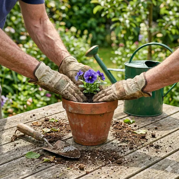 Hände mit Gartenhandschuhen pflanzen Stiefmütterchen in einen Terrakottatopf – Gartenarbeit als Beschäftigung bei Demenz