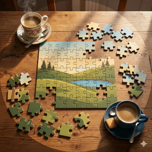 Landschaftspuzzle mit großen Teilen und zwei Kaffeetassen auf einem Holztisch – gemeinsame Beschäftigung bei Demenz