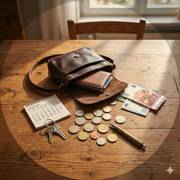 Offene Handtasche mit Geldbörse, Münzen, Kalender und Schlüsseln auf einem Küchentisch – wenn Menschen mit Demenz in Endlosschleifen feststecken