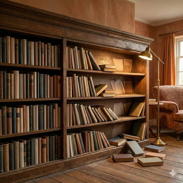 Das Gehirn als Bibliothek – wenn bei Demenz die Ordnung verloren geht Altes Bücherregal mit Büchern die links ordentlich stehen und rechts zunehmend herausfallen – Metapher für Erinnerungsverlust bei Demenz