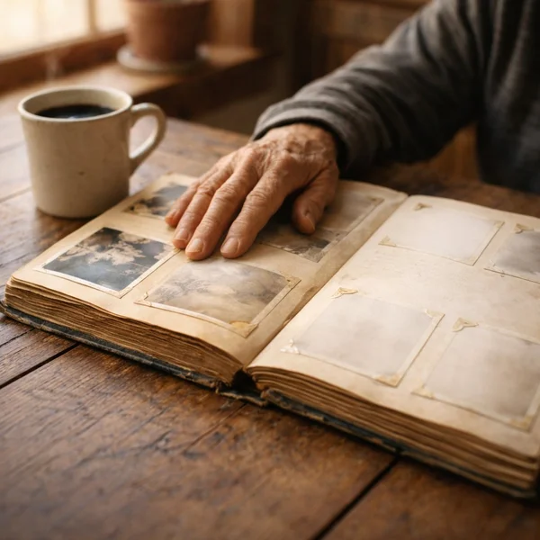 Alte Hand auf geöffnetem Fotoalbum mit verblassten und leeren Fotoplätzen – Symbolbild für Erinnerungsverlust bei Demenz