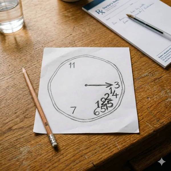 Der Uhrentest – ein einfacher aber aussagekräftiger Test zur Demenz-Diagnose Gezeichneter Uhrentest mit falsch platzierten Zahlen auf einem Schreibtisch beim Arzt – so wird Demenz festgestellt