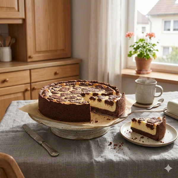 Sowas habe ich ja noch nie gesehen – als der Zupfkuchen zum ersten Zeichen wurde Russischer Zupfkuchen mit angeschnittenem Stück auf einem Küchentisch – der Moment als die ersten Anzeichen von Demenz sichtbar wurden