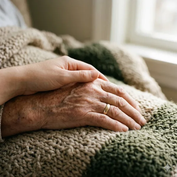 Berührung bei fortgeschrittener Demenz – wenn Worte nicht mehr reichen Eine jüngere Hand hält sanft die faltige Hand einer älteren Person auf einer gestrickten Decke