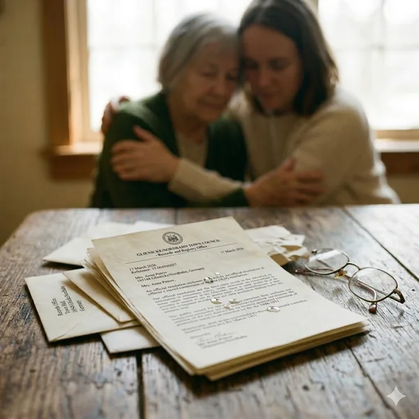Briefe und Umarmung – wenn Demenz den Alltag verändert Offizielle Briefe auf einem Holztisch, im unscharfen Hintergrund eine Umarmung zwischen einer älteren und einer jüngeren Frau