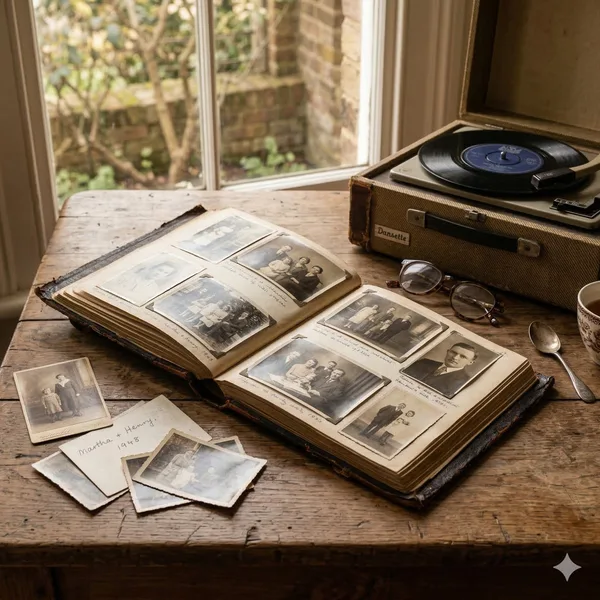 Fotoalbum und Schallplattenspieler – Biografiearbeit bei Demenz Aufgeschlagenes altes Fotoalbum mit Schwarz-Weiß-Fotos auf einem Holztisch, daneben ein alter Plattenspieler und Lesebrille