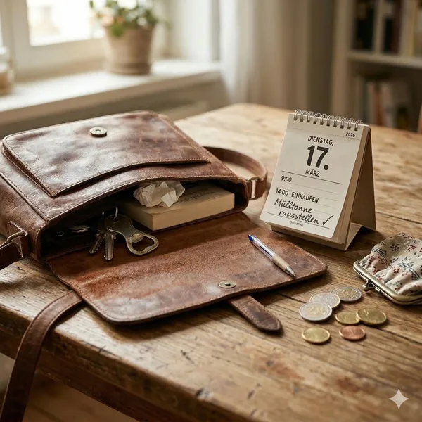Handtasche, Kalender und Münzen – typische Wiederholungen bei Demenz Offene Ledertasche mit Schlüsseln und Buch auf einem Holztisch, daneben ein Tischkalender und ein Geldbeutel mit Münzen