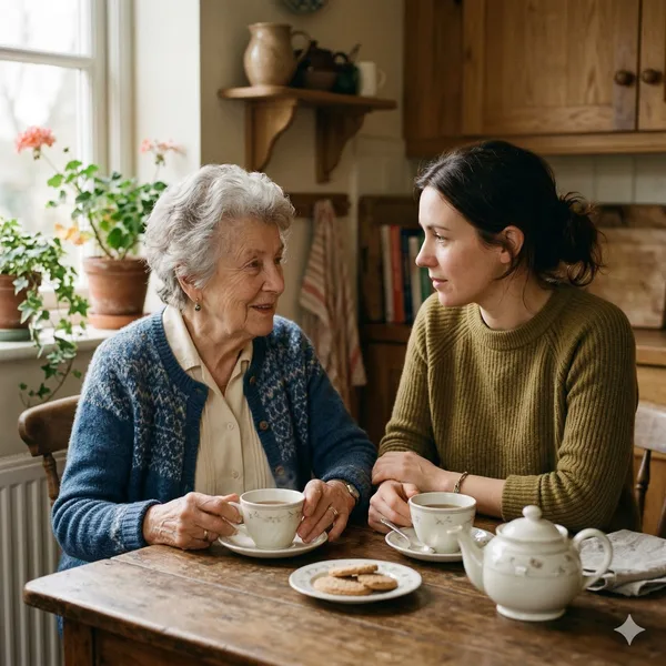 Ältere Frau und jüngere Frau sitzen zusammen am Küchentisch und reden miteinander