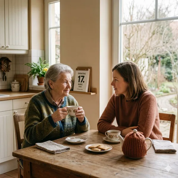 Validation bei Demenz – einfühlsames Gespräch zwischen Angehörigen Ältere Frau und jüngere Frau sitzen am Küchentisch beim Tee und schauen sich aufmerksam an
