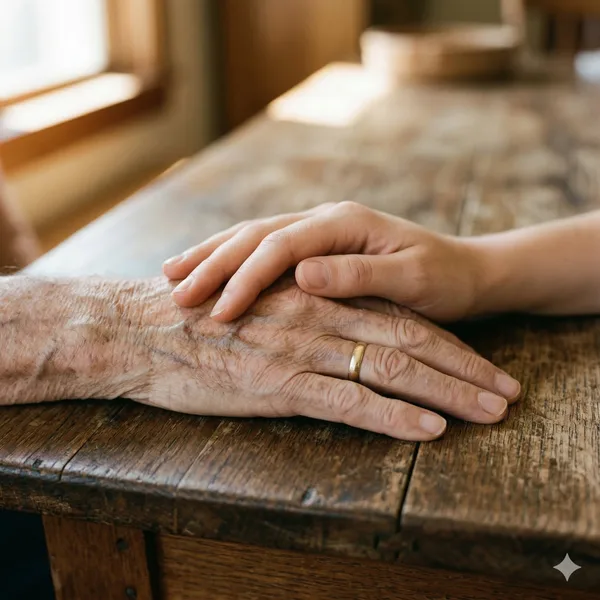 Eine jüngere Hand liegt sanft auf einer älteren, faltigen Hand – ein würdevoller Moment der Nähe zwischen pflegenden Angehörigen und Menschen mit Demenz.