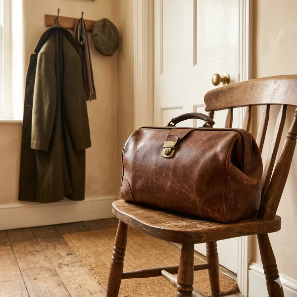 Eine alte Ledertasche auf einem Holzstuhl im Flur – Symbol für den Hausbesuch der Palliativversorgung, die pflegende Familien entlastet und begleitet.