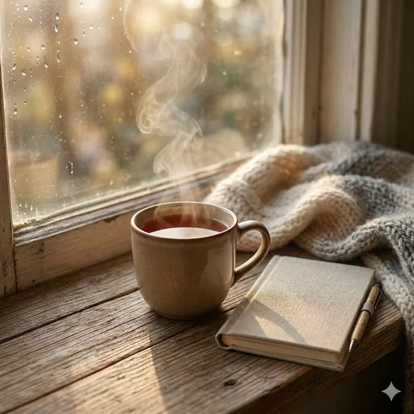 Eine dampfende Teetasse auf einem alten Fensterbrett, draußen Regen – Symbol für die rare Auszeit, die pflegende Angehörige sich erlauben dürfen.