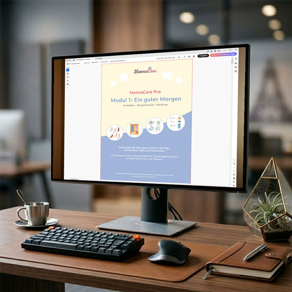 Cover des digitalen HannaCare Pro Moduls 1 ‚Ein guter Morgen‘ auf Monitor