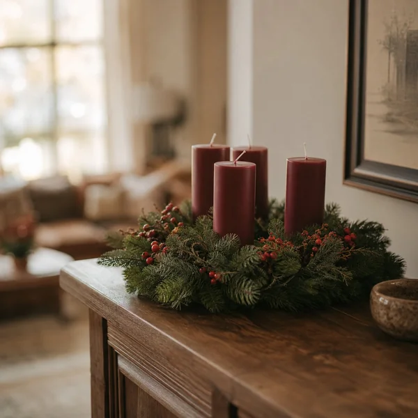 lassischer Adventskranz mit dunkelroten Kerzen, Tannenzweigen und roten Beeren auf einem Holzsideboard – Sicherheit bei Demenz mitdenken