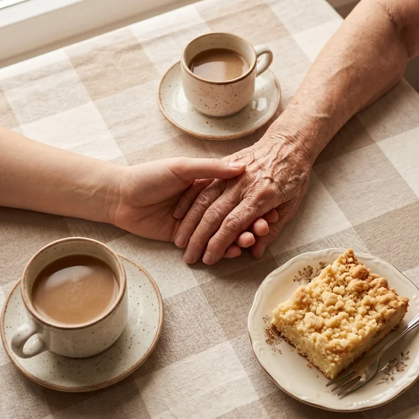 Eine jüngere und eine ältere Hand halten sich auf einer karierten Tischdecke, daneben zwei Kaffeetassen und ein Stück Streuselkuchen – Zeit als Geschenk für Menschen mit Demenz