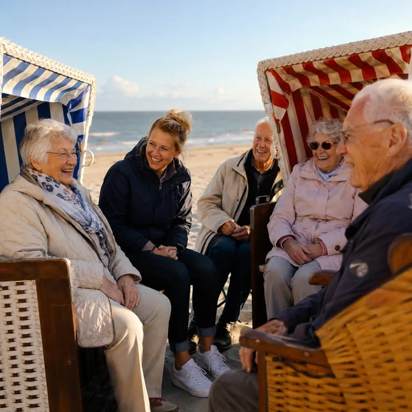 Reisen mit Demenz – betreute Gruppenreise an der Nordsee Ältere Menschen genießen gemeinsam eine betreute Gruppenreise an der Nordsee in Strandkörben