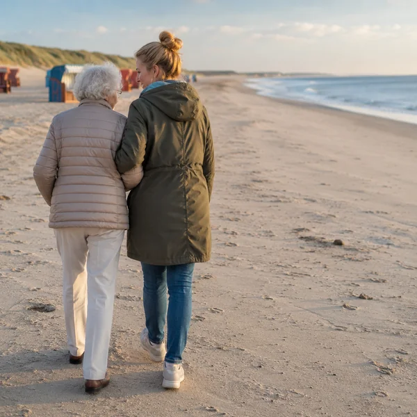 Ältere Frau spaziert mit Begleiterin am Nordseestrand – Reisen mit Demenz ist mit Unterstützung möglich