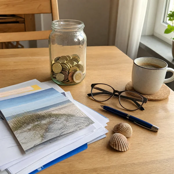 Was kostet betreuter Urlaub bei Demenz? Sparglas mit Münzen, Reiseunterlagen und Muscheln auf einem Küchentisch