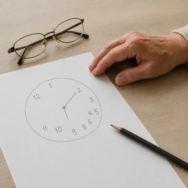 Uhrentest bei der Demenz-Diagnostik Aufgemalte Uhr aus dem Uhrentest zur Demenz-Diagnostik mit Bleistift und Brille auf dem Tisch