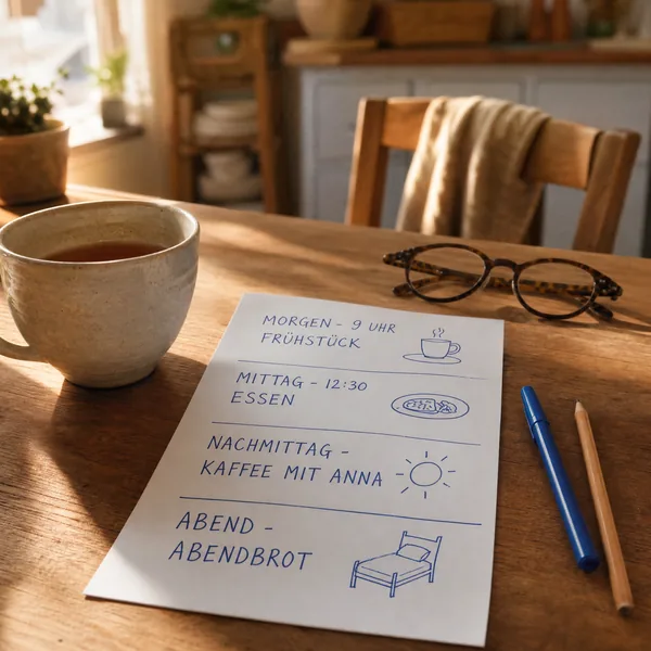 Von Hand geschriebener Tagesplan bei Demenz auf einem A4-Blatt mit vier Tageszeiten, großen Druckbuchstaben und einfachen Symbolen, daneben Stift, Brille und eine Tasse Tee