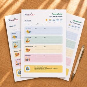 HannaCare Tagesplaner bei Demenz – drei Tagesblätter mit Tageszeiten-Struktur und Stift auf einem Holztisch