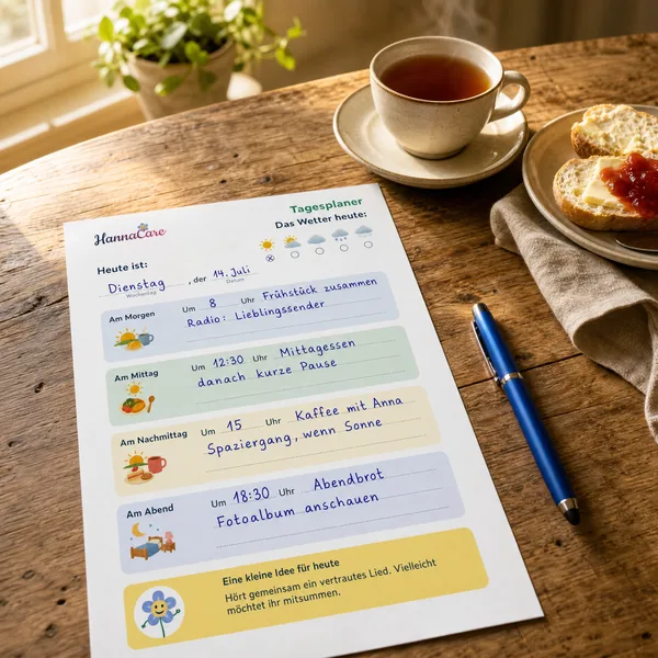 Ausgefüllter HannaCare Tagesplaner bei Demenz liegt auf einem Holztisch neben Stift, Teetasse und Frühstücksteller – Tagesblatt mit Wetter, Wochentag und vier Tagesabschnitten