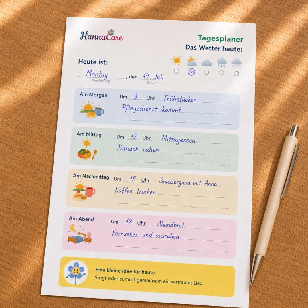 Ausgefülltes Tagesblatt des HannaCare Tagesplaners bei Demenz mit Beispiel-Einträgen für Morgen, Mittag, Nachmittag und Abend