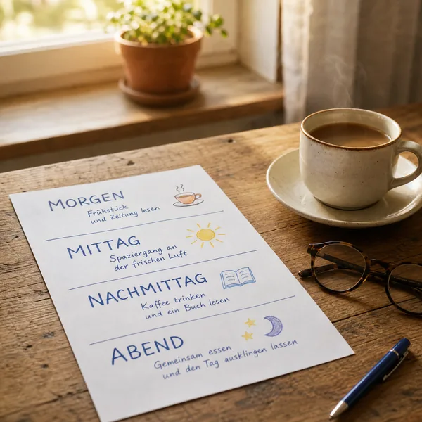 Handgeschriebener Tagesplan mit den vier Tageszeiten Morgen, Mittag, Nachmittag und Abend liegt neben Kaffeetasse und Lesebrille auf einem Holztisch
