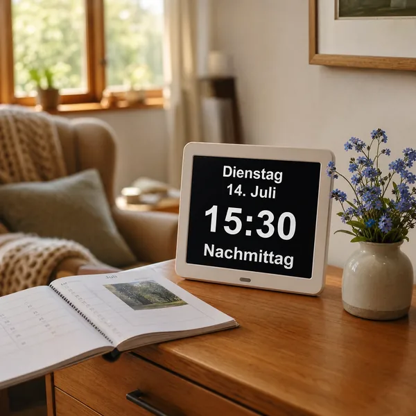 Große digitale Uhr für Menschen mit Demenz zeigt Wochentag, Datum, Uhrzeit und die Tageszeit Nachmittag an, daneben ein Kalender und Vergissmeinnicht-Blumen