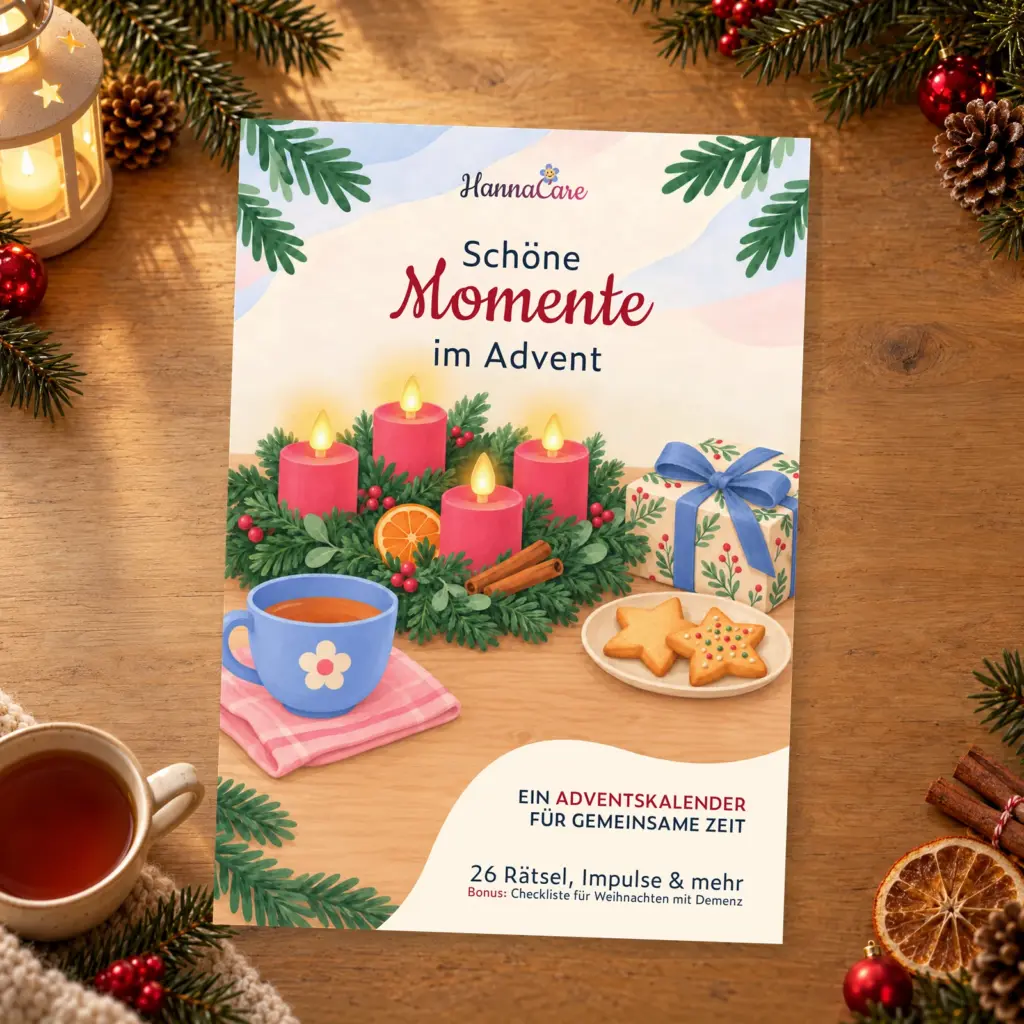 Gedrucktes Titelblatt des digitalen HannaCare Adventskalenders „Schöne Momente im Advent“ auf einem weihnachtlich dekorierten Holztisch.