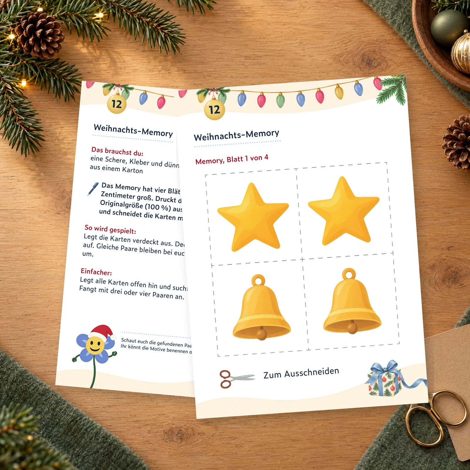 Zwei Seiten des HannaCare Adventskalenders mit Anleitung und Weihnachts-Memory-Karten zum Ausschneiden.