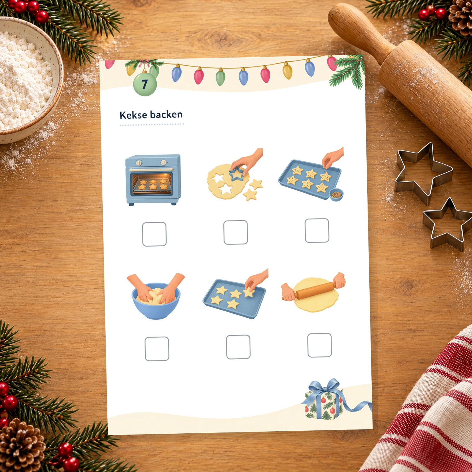 Adventskalender-Seite mit sechs Bildern zum Ordnen der einzelnen Schritte beim Plätzchenbacken.