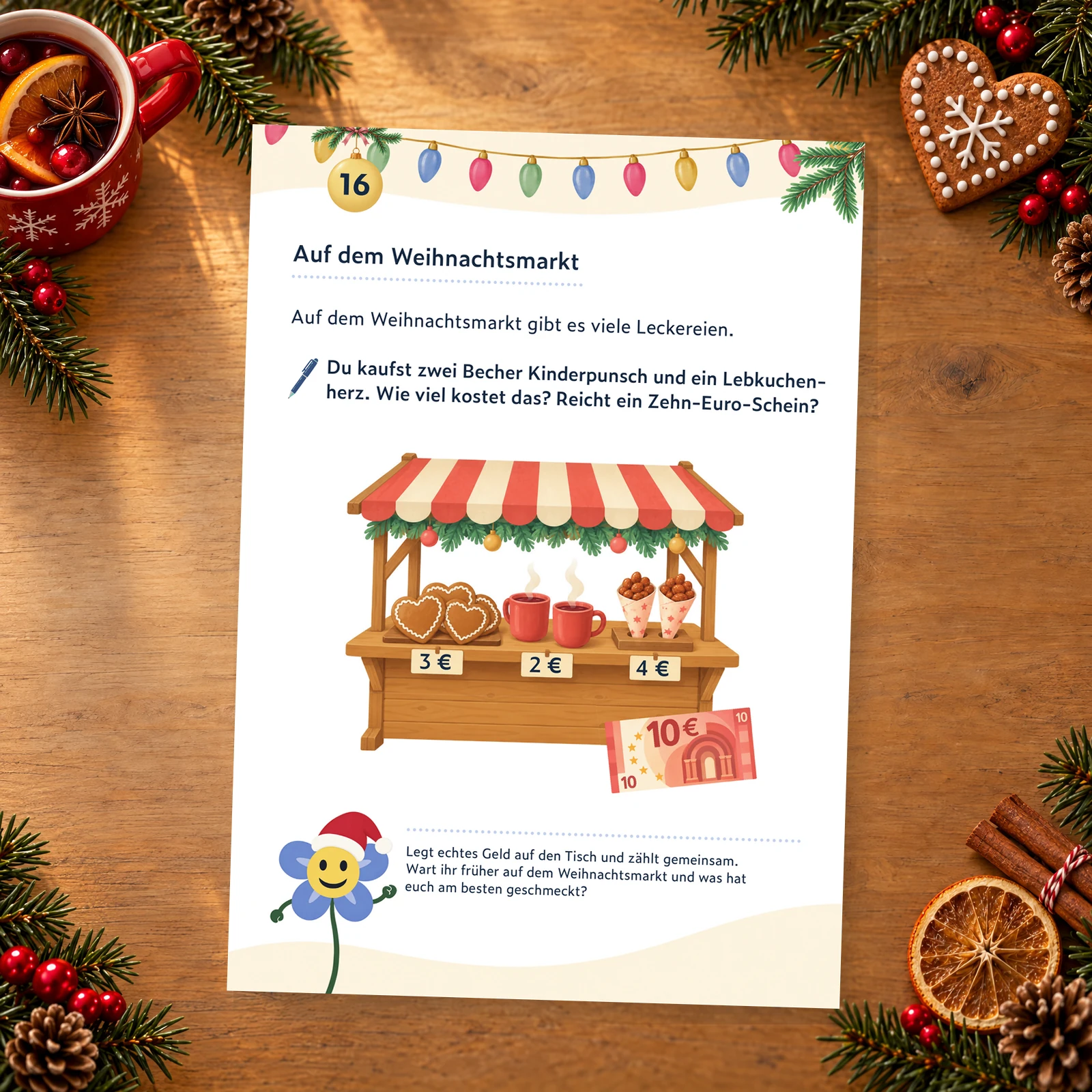 Adventskalender-Seite mit einem Weihnachtsmarktstand, Kinderpunsch, Lebkuchenherz und einer einfachen Rechenaufgabe mit Geld.