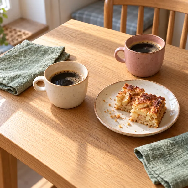 Zwei Kaffeetassen in Creme und Altrosa neben Apfelkuchen und salbeigrünen Stoffservietten auf einem Holztisch.