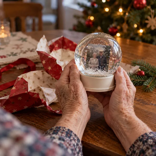 Ältere Hände halten eine Schneekugel mit dem Foto eines Ehepaars, daneben Geschenkpapier