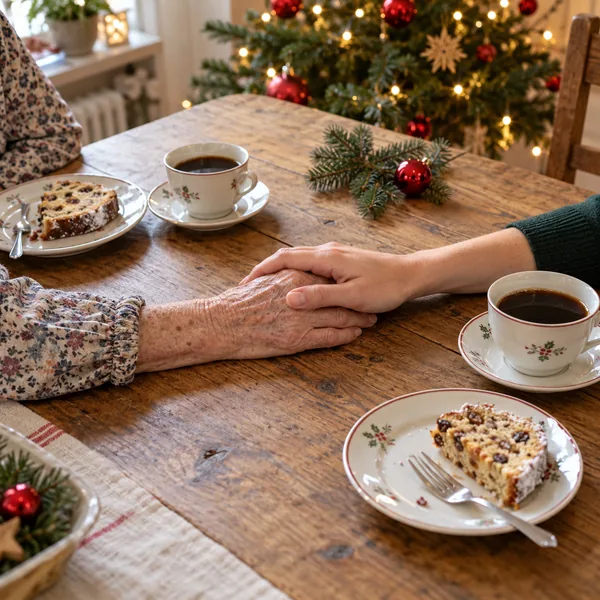 Weihnachten mit Demenz – Kaffeetafel an Heiligabend Zwei Hände liegen übereinander auf einer weihnachtlichen Kaffeetafel – Weihnachten mit Demenz in kleinem Rahmen