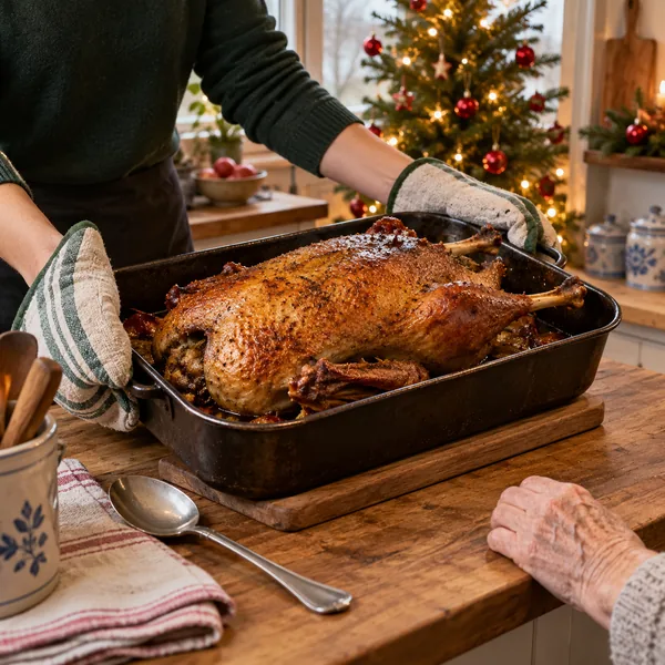 Das erste Weihnachten mit Demenz – die bestellte Gans Weihnachtsgans im Bräter wird auf den Tisch gestellt, daneben die Hand einer älteren Frau